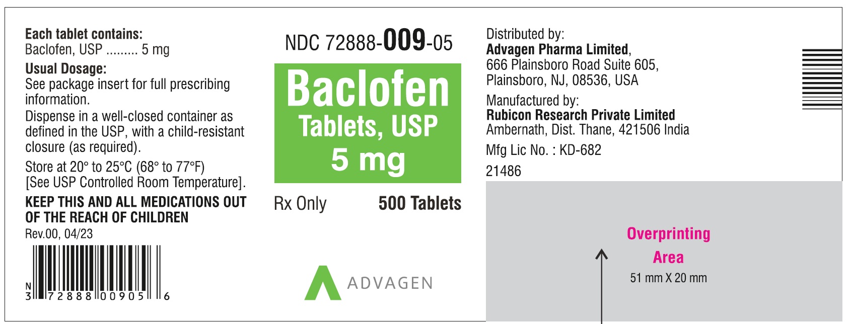 NDC 72888-009-05 - Baclofen Tablets, USP 5 mg - 500 Tablets