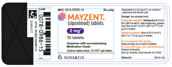 PRINCIPAL DISPLAY PANEL
								NDC 0078-0986-15
								Rx only
								MAYZENT®
								(siponimod) tablets
								2 mg*
								30 tablets
								Dispense with accompanying Medication Guide.
								Swallow tablets whole. DO NOT split tablets.
								NOVARTIS
							