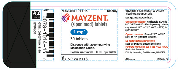 PRINCIPAL DISPLAY PANEL
								NDC 0078-1014-15
								Rx only
								MAYZENT®
								(siponimod) tablets
								1 mg*
								30 tablets
								Dispense with accompanying Medication Guide.
								Swallow tablets whole. DO NOT split tablets.
								NOVARTIS
							