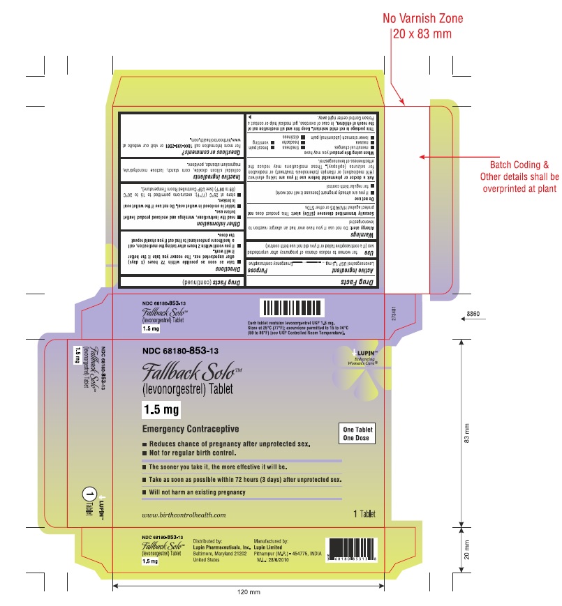 Fallback Solo (levonorgestrel) Tablet, 1.5 mg
NDC 68180-853-13
Carton Label: 1 Tablet