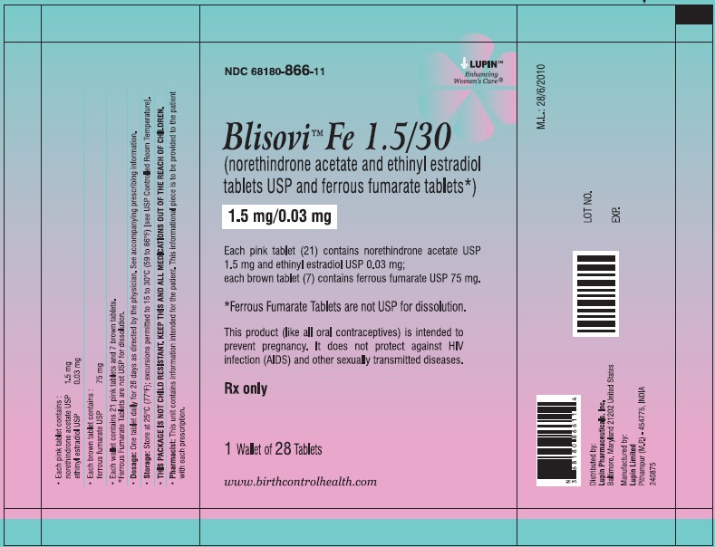 Blisovi Fe 1.5/30
(norethindrone acetate and ethinyl estradiol tablets USP and ferrous fumarate tablets)
1.5 mg/0.03 mg
NDC: 68180-866-11
Pouch Pack: 1 Wallet of 28 Tablets