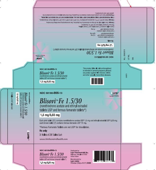 Blisovi Fe 1.5/30
(norethindrone acetate and ethinyl estradiol tablets USP and ferrous fumarate tablets)
1.5 mg/0.03 mg
NDC: 68180-866-13
Carton: 3 Wallet of 28 Tablets Each
