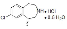 The structural formula for BELVIQ/BELVIQ XR (lorcaserin hydrochloride) is a serotonin 2C receptor agonist for oral administration used for chronic weight management.  Lorcaserin hydrochloride is chemically designated as (R)-8-chloro-1-methyl-2,3,4,5-tetrahydro-1H-3-benzazepine hydrochloride hemihydrate.  The empirical formula is C11H14ClN·HCl·0.5H2O, and the molecular weight of the hemihydrate form is 241.16 g/mol.
