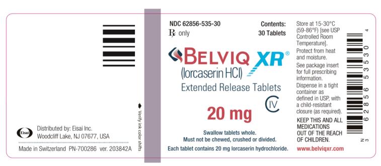 NDC 62856-535-30
Rx Only
BELVIQ XR
(lorcaserin HCI)
Extended Release Tablets
20 mg
30 Tablets

