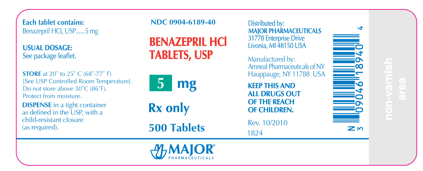 NDC 0904-6189-40 

Benazepril HCI 

Tablets, USP

5mg

Rx Only 

500 Tablets

Major Pharmaceuticals
