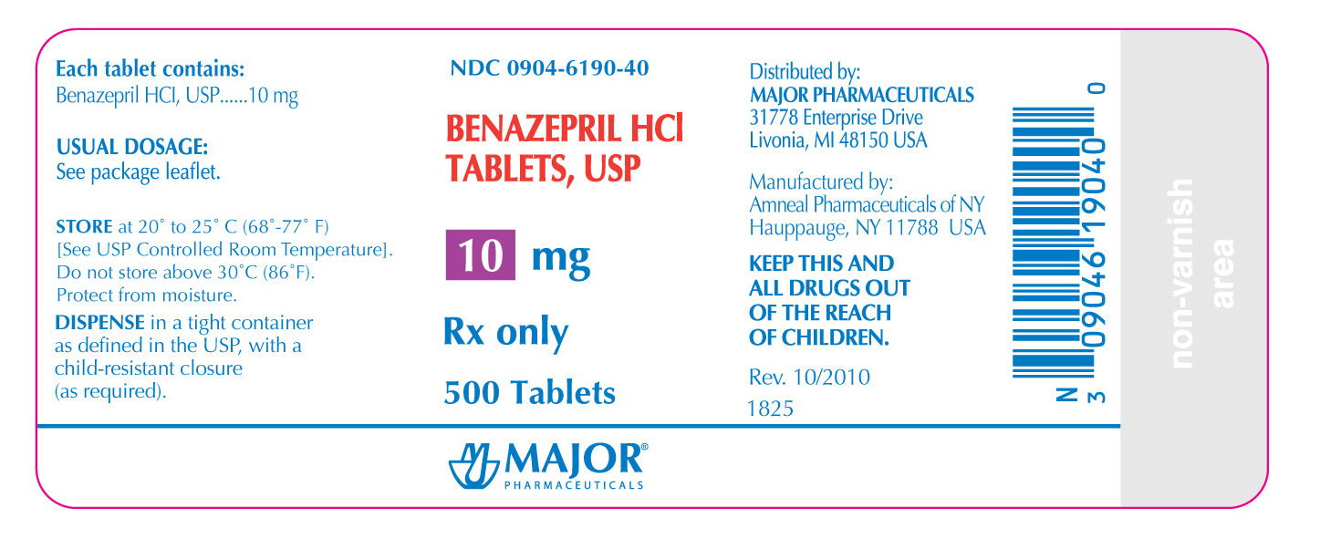 NDC 0904-6190-40

Benazepril HCL

Tablets, USP

10mg

Rx Only

500 tablets

Major Pharmaceuticals

