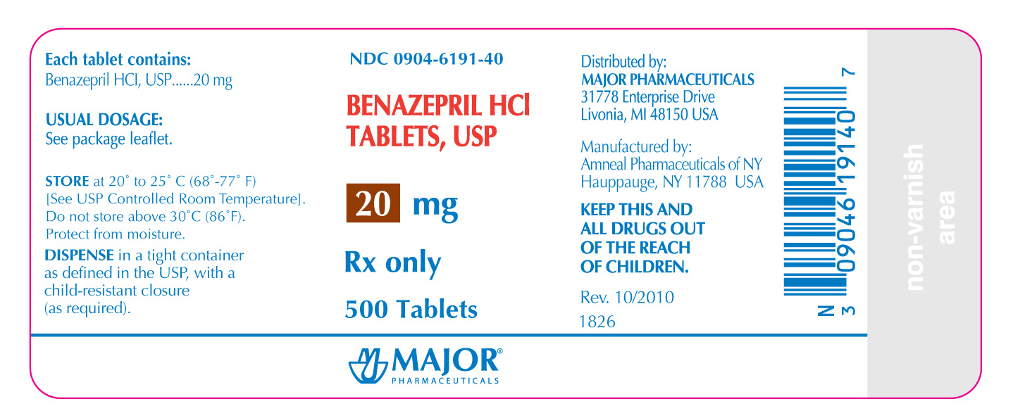  NDC 0904-6191-40

Benazepril HCL

Tablets, USP

20mg

Rx Only

500 tablets

Major Pharmaceuticals
