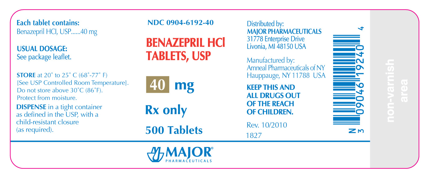 NDC 0904-6192-40 

Benazepril HCL

Tablets, USP

40mg

Rx Only

500 tablets

Major Pharmaceuticals

