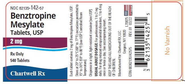 PRINCIPAL DISPLAY PANEL
NDC 62135-142-57
Benztropine
Mesylate
Tablets, USP
2 mg
Rx Only
540 Tablets