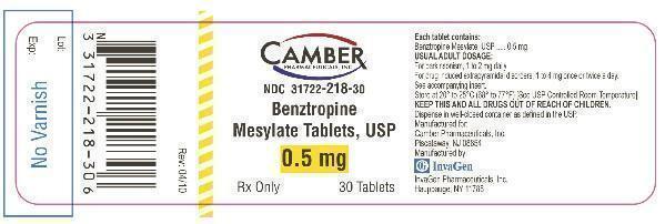 This is an image of the label for Benztropine Mesylate Tablets 0.5 mg 100count.