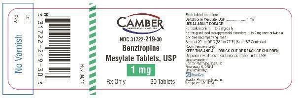 This is an image of the label for Benztropine Mesylate Tablets 1 mg 100count.