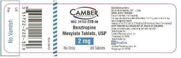 This is an image of the label for Benztropine Mesylate Tablets 2 mg 100count.