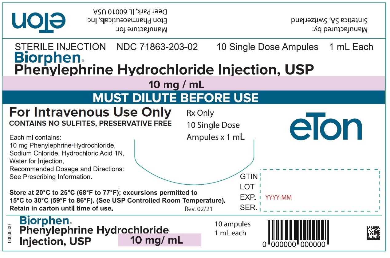 BIORPHEN (Phenylephrine Hydrochloride) Injection, USP 10 mg/mL Carton Label (10 Single Dose Ampules) - NDC 71863-203-02