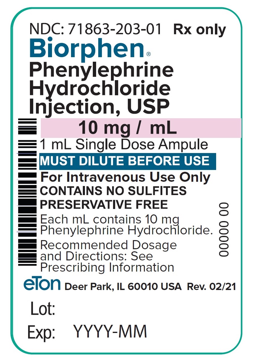 BIORPHEN (Phenylephrine Hydrochloride) Injection, USP 10 mg/ml Ampule Label (10 Single Dose Ampules) - NDC 71863-203-01
