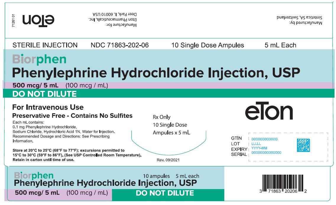 BIORPHEN (Phenylephrine Hydrochloride) Injection, USP 0.1 mg/ml Carton Label (10 Single Dose Ampules) - NDC 71863-202-06