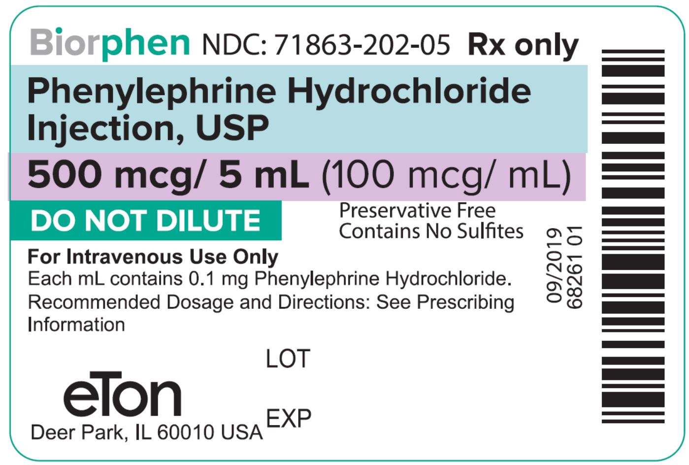 BIORPHEN (Phenylephrine Hydrochloride) Injection, USP 0.1 mg/ml Ampule Label - NDC 71863-202-05