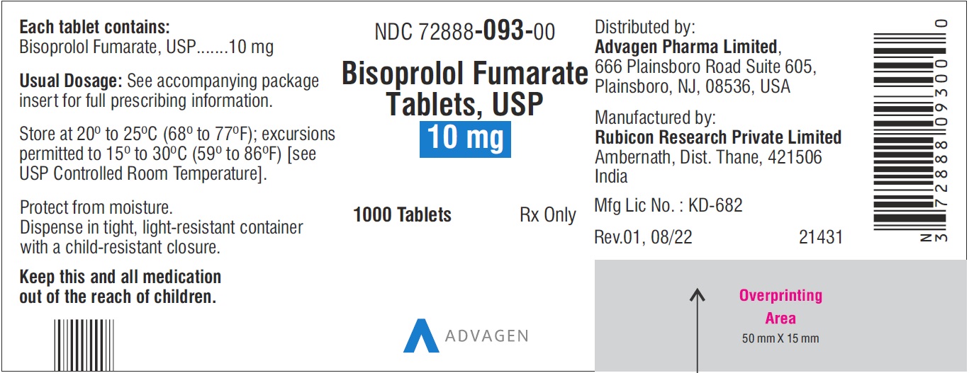 Bisoprolol Fumarate Tablets 10 mg - NDC 72888-093-00 - 1000 Tablets Label