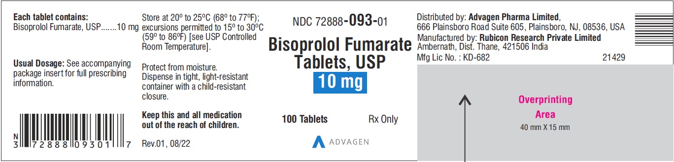 Bisoprolol Fumarate Tablets 10 mg - NDC 72888-093-01 - 100 Tablets Label