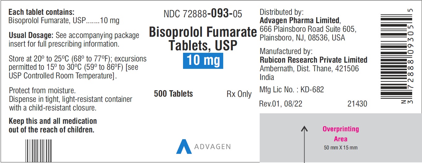 Bisoprolol Fumarate Tablets 10 mg - NDC 72888-093-05 - 500 Tablets Label
