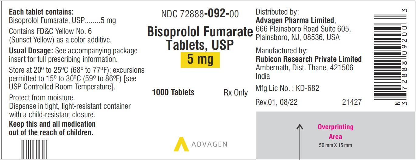 Bisoprolol Fumarate Tablets 10 mg - NDC 72888-092-00 - 1000 Tablets Label