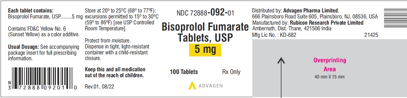 Bisoprolol Fumarate Tablets 5 mg - NDC 72888-092-01 - 100 Tablets Label