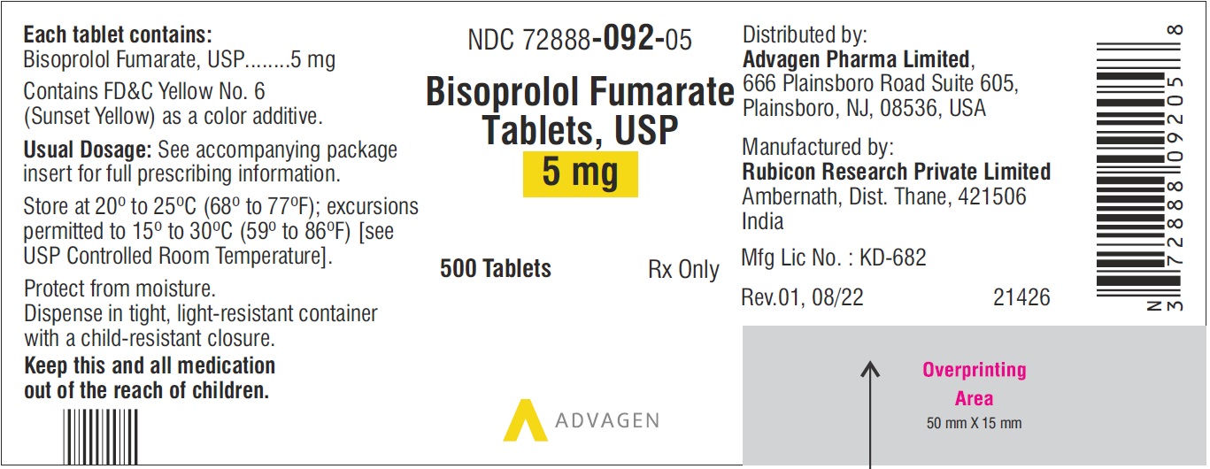 Bisoprolol Fumarate Tablets 5 mg - NDC 72888-092-05 - 500 Tablets Label