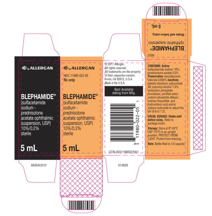 ®ALLERGAN
NDC 11980-022-05
Rx only
BLEPHAMIDE®
(sulfacetamide
sodium -
prednisolone
acetate ophthalmic
suspension, USP)
10%/0.2%
sterile
5 mL

