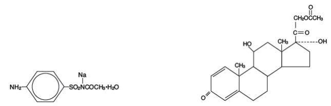 The following chemical structures for BLEPHAMIDE® (sulfacetamide sodium and prednisolone acetate ophthalmic ointment, USP) is a sterile topical ophthalmic ointment combining an antibacterial and a corticosteroid.