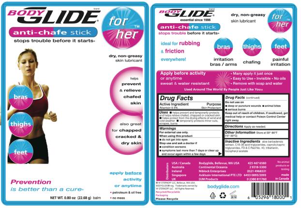 Principal Display Panel
BODYGLIDE®
For Her
anti-chafe stick
balm
dry, non-greasy skin lubricant
helps prevent & relieve chafed skin
also great for chapped, cracked & dry skin
bras, thighs, feet
apply before activity or anytime
petroleum & oil free
no mess
NET WT. 0.80 oz  (22.68 g)