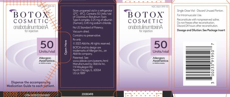 NDC 0023-3919-50
Botox
Cosmetic
onabotulinumtoxinA
for Injection
50
Units/Vial