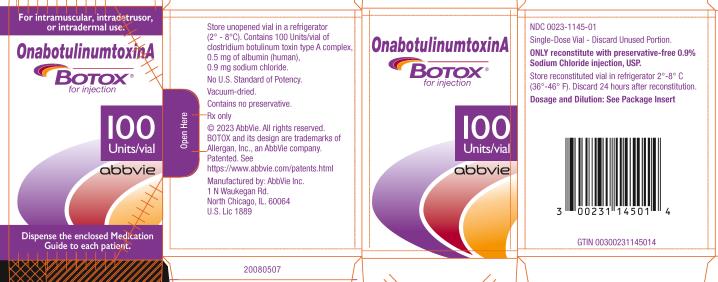 PRINCIPAL DISPLAY PANEL
NDC 0023-1145-01
OnabotulinumtoxinA
BOTOX®
for injection
100 Units/vial
abbvie
