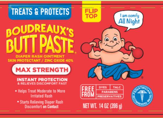 MAXIMUM STRENGTH
BOUDREAUX’S
BUTT PASTE
NET WT. 14 OZ (397 g)
