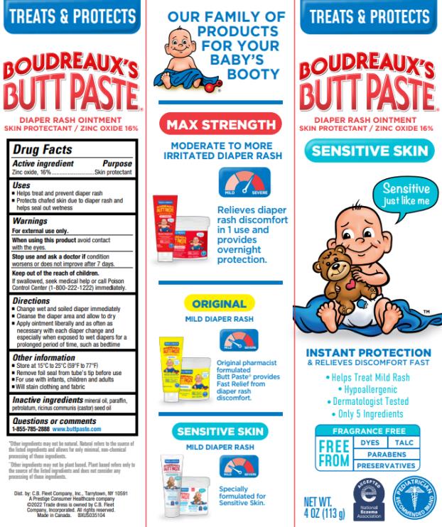 TREATS & PROTECTS

Boudreaux’s® Butt Paste

Diaper rash ointment
Skin protectant /16% zinc oxide

Sensitive Skin

NET WT. 4 OZ (113 g)
