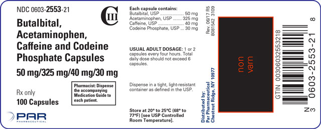 Image of the label for Butalbital, Acetaminophen, Caffeine and Codeine Phosphate Capsules 50 mg/325 mg/40 mg/30 mg