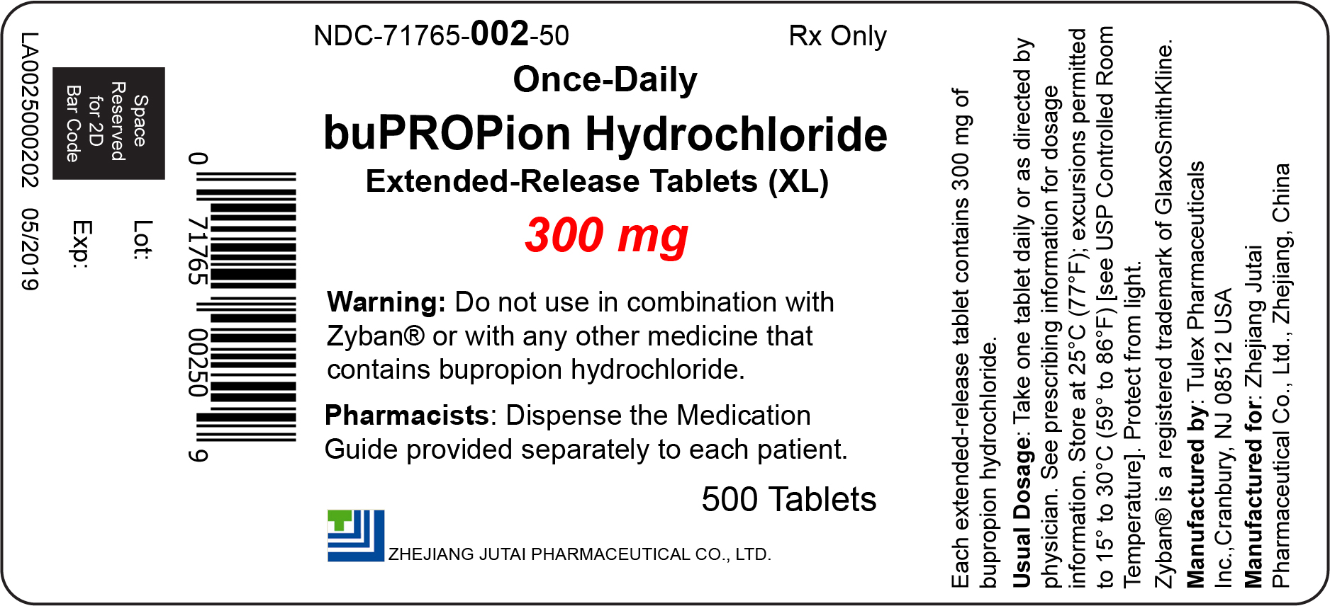Bupropion Hydrochloride Extended-Release Tablets (XL), 300 mg, 500 count