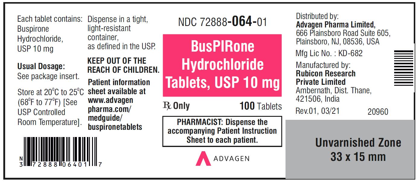Buspirone HCL Tablets,USP 10 mg - NDC 72888-064-01  - 100 Tablets Bottle