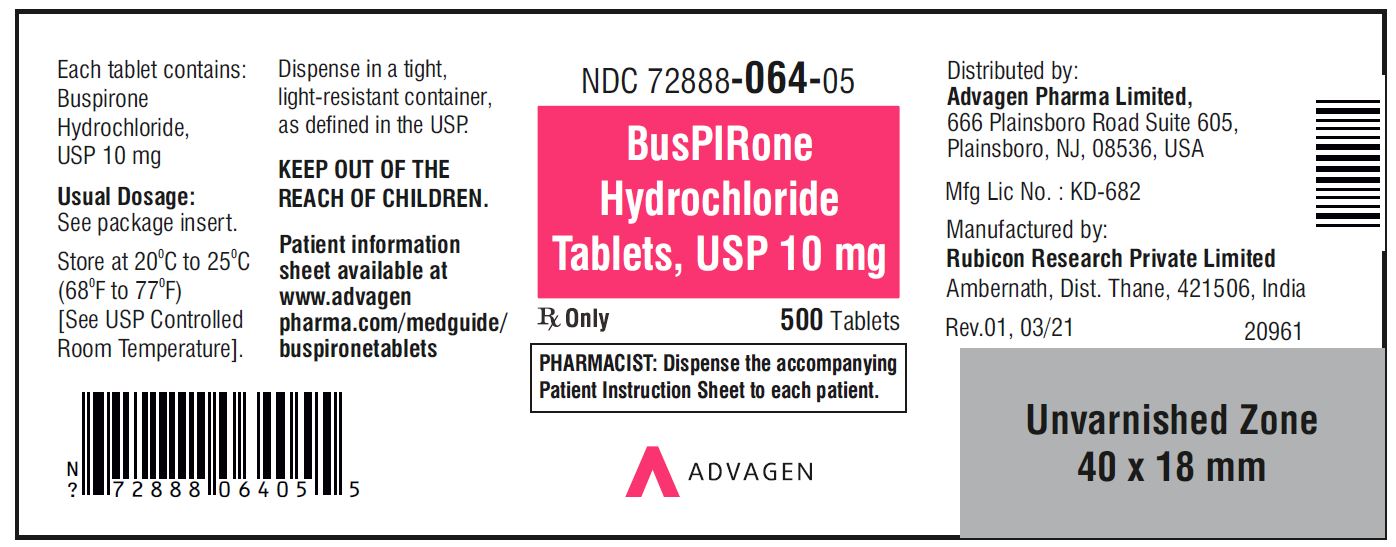 Buspirone HCL Tablets,USP 10 mg - NDC 72888-064-05  - 500 Tablets Bottle