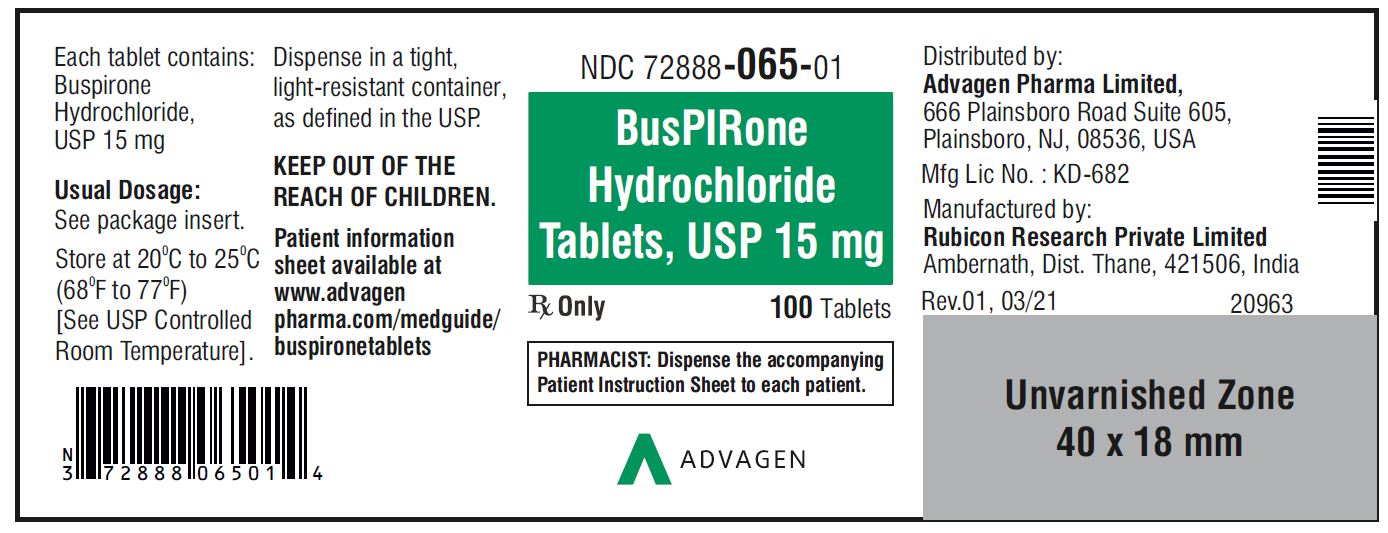 Buspirone HCL Tablets,USP 15 mg - NDC 72888-065-01  - 100 Tablets Bottle