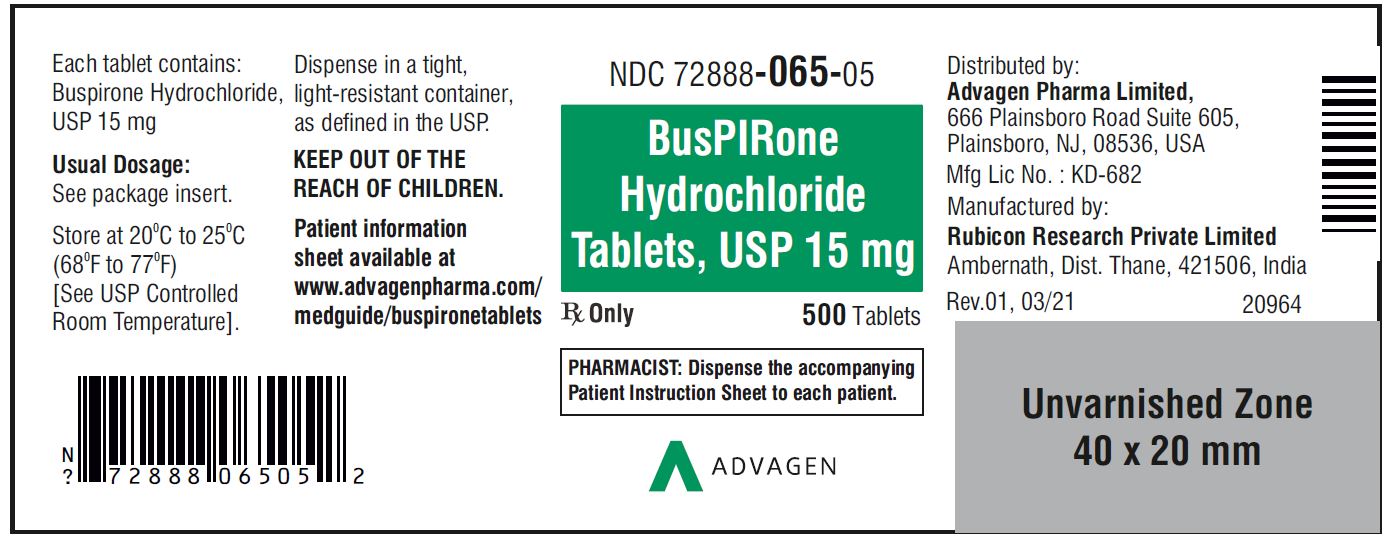 Buspirone HCL Tablets,USP 15 mg - NDC 72888-065-05  - 500 Tablets Bottle