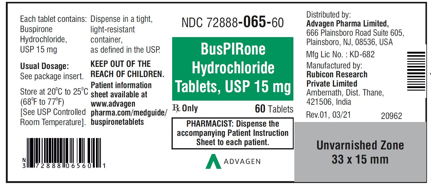 Buspirone HCL Tablets,USP 15 mg - NDC 72888-065-60  - 60 Tablets Bottle