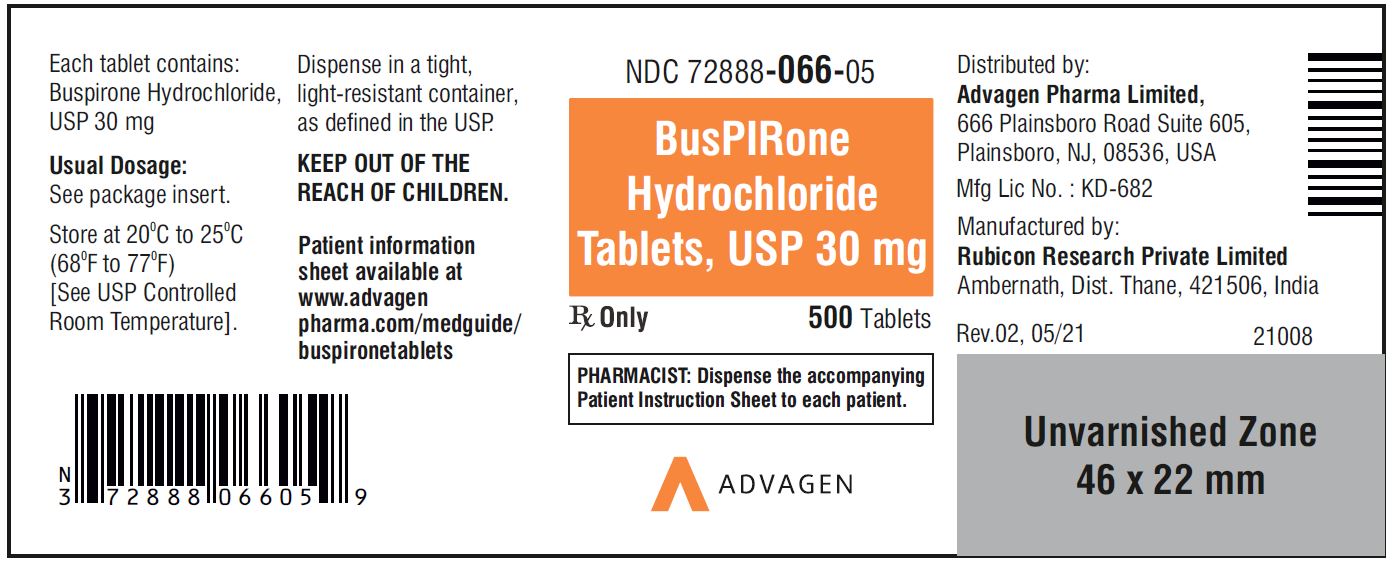 Buspirone HCL Tablets,USP 30 mg - NDC 72888-066-05  - 500 Tablets Bottle