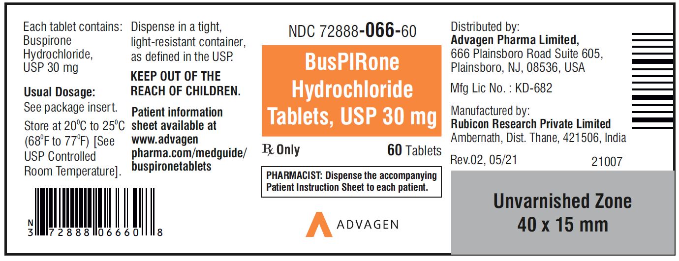 Buspirone HCL Tablets,USP 30 mg - NDC 72888-066-60  - 60 Tablets Bottle