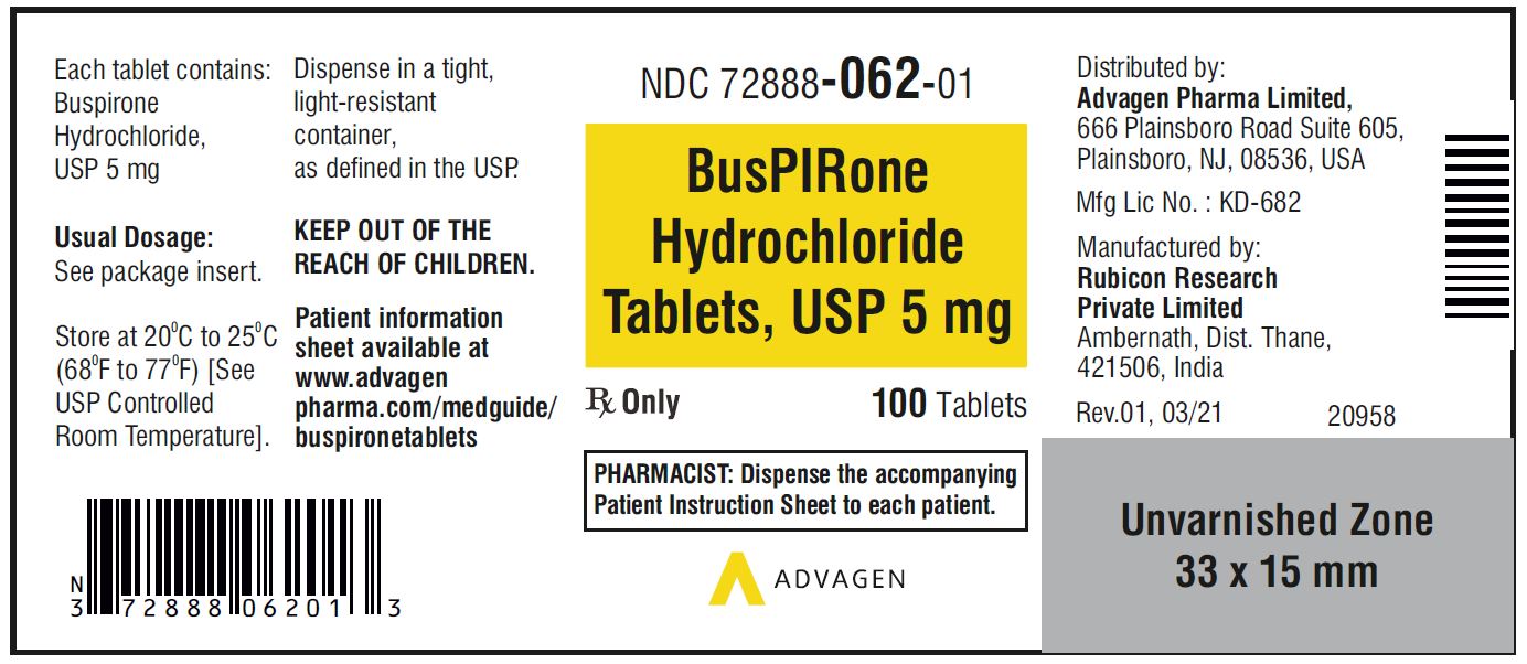 Buspirone HCL Tablets,USP 5 mg - NDC 72888-062-01  - 100 Tablets Bottle