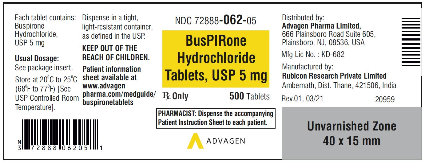 Buspirone HCL Tablets,USP 5 mg - NDC 72888-062-05  - 500 Tablets Bottle