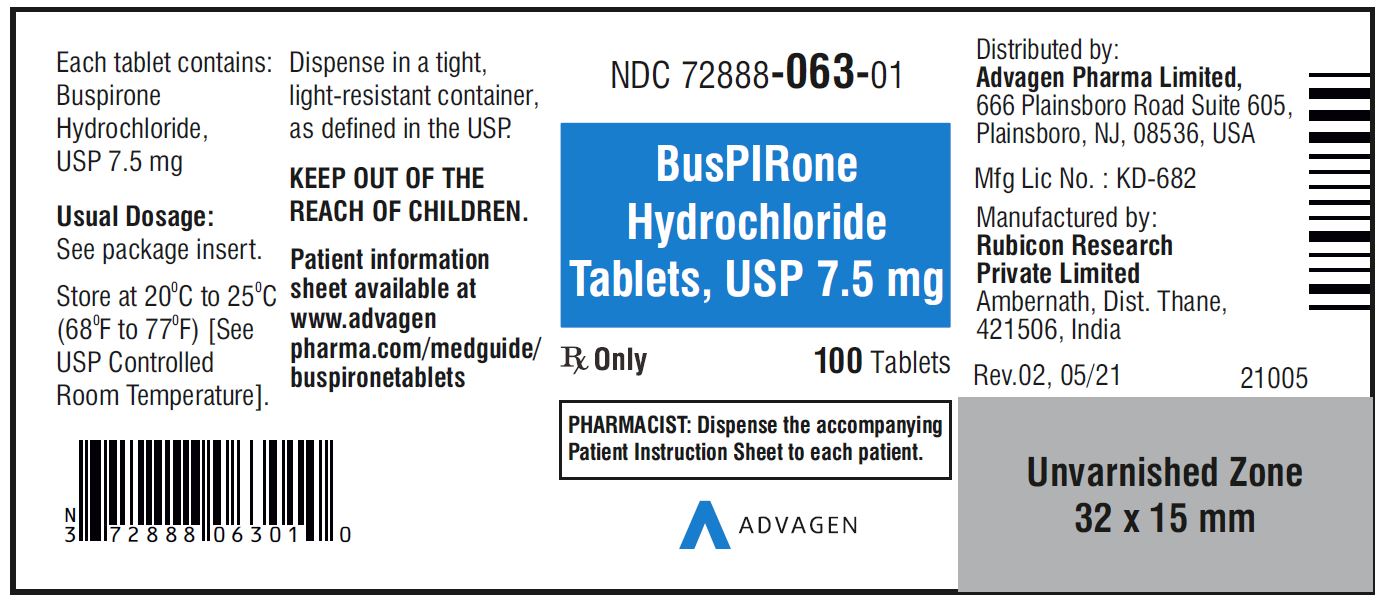 Buspirone HCL Tablets,USP 7.5 mg - NDC 72888-063-01  - 100 Tablets Bottle