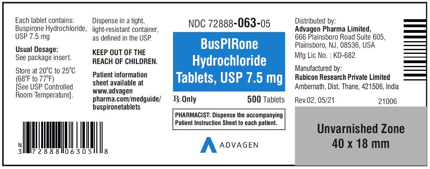 Buspirone HCL Tablets,USP 7.5 mg - NDC 72888-063-05  - 500 Tablets Bottle