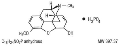 The following structural formula for Codeine phosphate (7,8-Didehydro-4,5α-epoxy-3-methoxy-17-methylmorphinan-6α-ol phosphate (1:1)(salt) hemihydrate) is an opioid agonist.