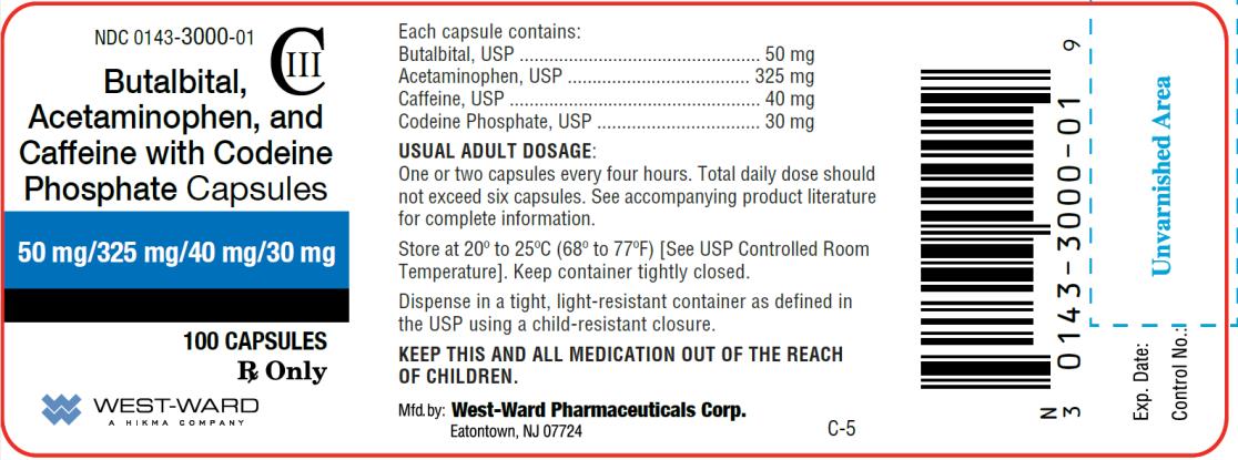 PRINCIPAL DISPLAY PANEL NDC 0143-3000-01 Butalbital, Acetaminophen, and Caffeine with Codeine Phosphate Capsules 50 mg/ 325 mg/ 40 mg/ 30 mg 100 Capsules Rx Only