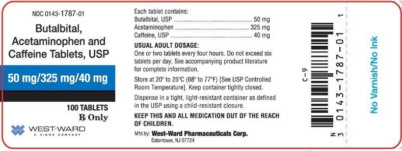 NDC 0143-1787-01 Butalbital, Acetaminophen and Caffeine Tablets, USP 50 mg/325 mg/40 mg 100 Tablets Rx Only