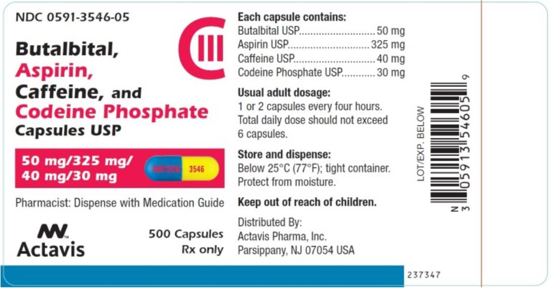 PRINCIPAL DISPLAY PANEL
NDC 0591-3546-05
Butalbital, 
Aspirin, Caffeine, and 
Codeine Phosphate 
Capsules, USP
50 mg/ 325 mg/
40 mg/ 30 mg
500 Capsules Rx Only
